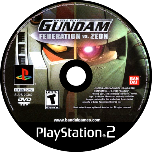 Retro Mobile Suit Gundam Federation vs Zeon PS2 inspired design featuring classic anime mech combat aesthetic vintage PlayStation 2 giant robot warfare Earth Federation versus Zeon mobile suit battles arcade action sci fi military gameplay nostalgic Gundam presentation disc