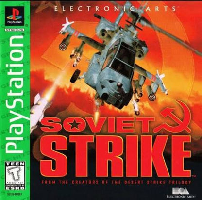 Soviet Strike Greatest Hits PlayStation 1 PS1 for military action video game fans featuring helicopter combat tactical missions enemy forces explosive weapons battlefield environments challenging objectives and fast paced aerial action classic Sony PlayStation gaming collectible appeal front