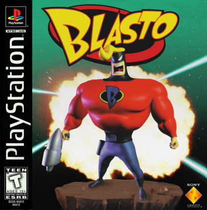 Blasto PlayStation 1 PS1 for third person shooter retro video game fans featuring sci fi action alien invasions explosive combat futuristic weapons humorous gameplay colorful worlds classic PlayStation adventure collectible gaming appeal front cover art