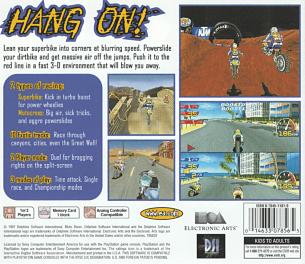 Moto Racer back of case for PlayStation 1 (PS1) retro racing video game