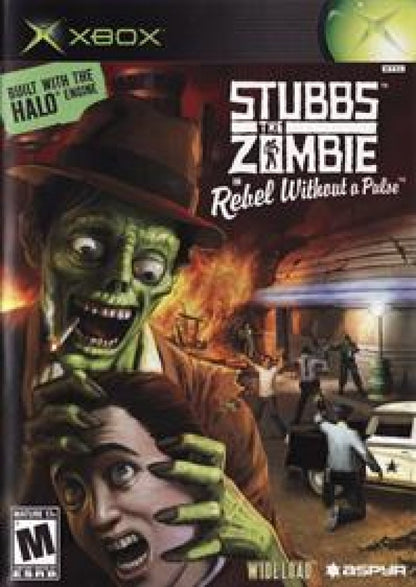 Stubbs the Zombie in Rebel Without a Pulse Microsoft Xbox Original Xbox video game featuring action adventure gameplay zombie combat retro futuristic world exploration humorous undead characters brain eating abilities enemy attacks and quirky gameplay mechanics retro video game collection collectible gaming appeal cover art