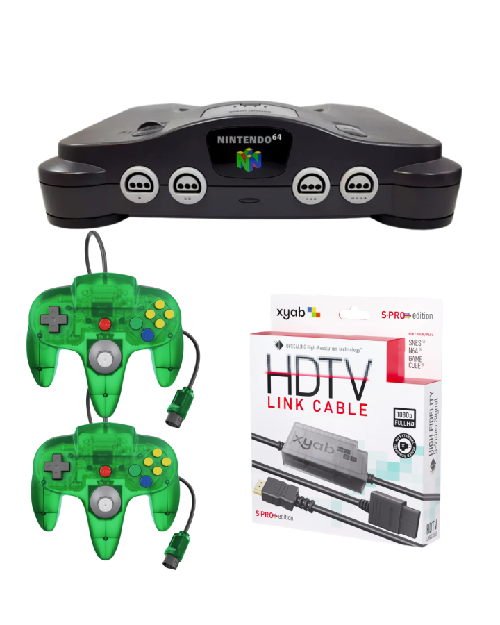 Nintendo 64 plug and play kit bundle featuring an N64 console with HDMI converter two controllers and all necessary cables for easy setup and modern TV compatibility with classic multiplayer gaming support