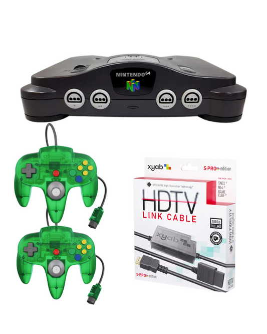 Nintendo 64 plug and play kit bundle featuring an N64 console with HDMI converter two controllers and all necessary cables for easy setup and modern TV compatibility with classic multiplayer gaming support