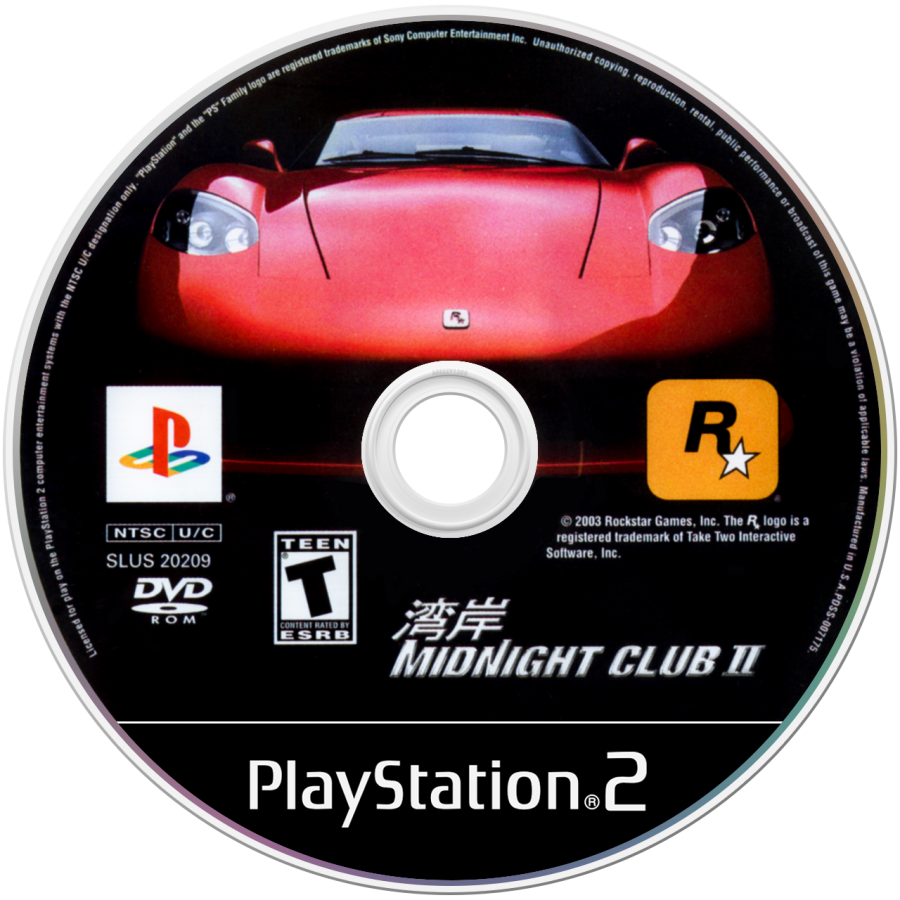 Midnight Club II disc art for PlayStation 2 (PS2) featuring high‑speed street racing across Los Angeles, Paris, and Tokyo with customizable cars and motorcycles.