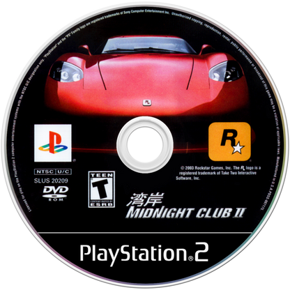 Midnight Club II disc art for PlayStation 2 (PS2) featuring high‑speed street racing across Los Angeles, Paris, and Tokyo with customizable cars and motorcycles.