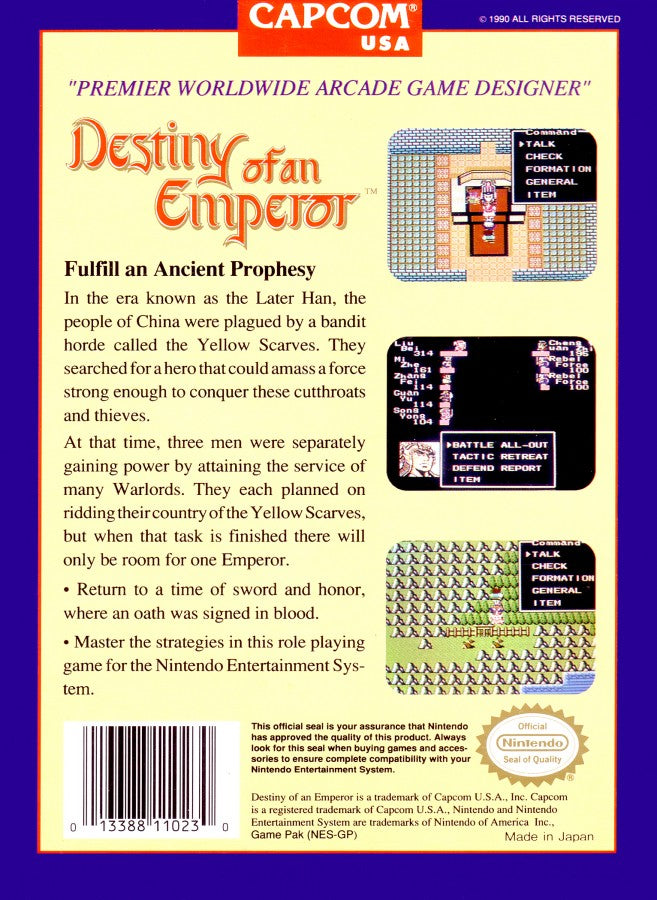 Destiny of an Emperor Nintendo Entertainment System NES for retro video game enthusiasts featuring classic role playing gameplay turn based battles Three Kingdoms storyline strategic party management world exploration character progression and collectible gaming appeal back cover