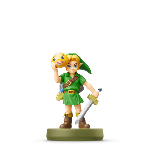 Link (Majora’s Mask) Amiibo loose featuring Link in his Majora’s Mask design, holding the iconic Goron Mask styled after his appearance in The Legend of Zelda: Majora’s Mask 3D, and compatible with supported Zelda‑series bonuses.
