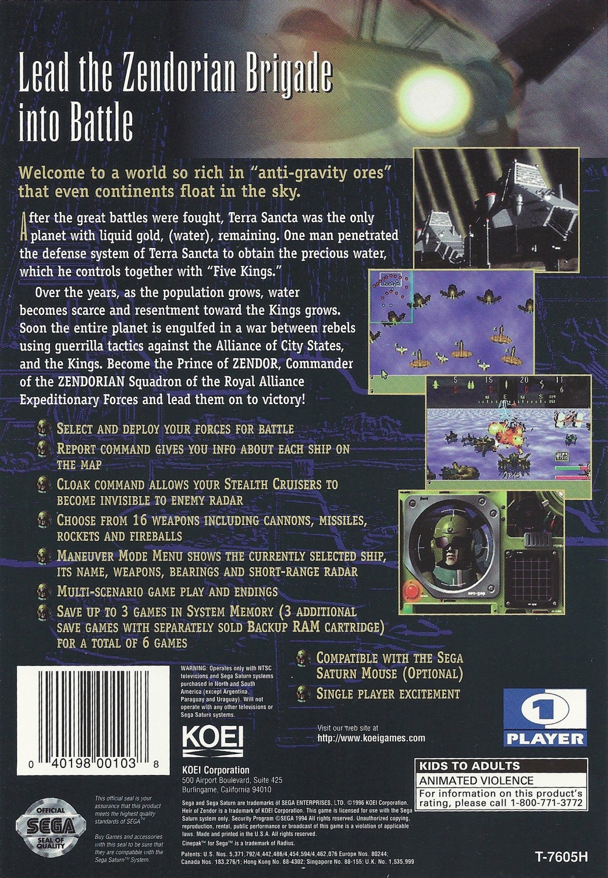 Heir of Zendor Sega Saturn turn based strategy RPG sci fi fantasy warfare tactical grid combat space empire storyline resource management units building exploration retro gaming Sega Saturn software video game title back cover art