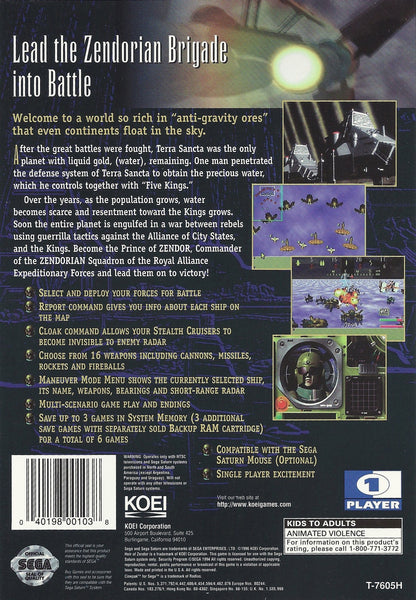 Heir of Zendor Sega Saturn turn based strategy RPG sci fi fantasy warfare tactical grid combat space empire storyline resource management units building exploration retro gaming Sega Saturn software video game title back cover art
