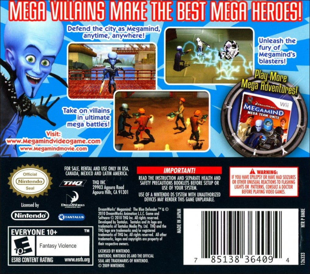 MegaMind The Blue Defender Nintendo DS action hero platformer based on the animated film building gadgets defeating villain THQ licensed title back cover art