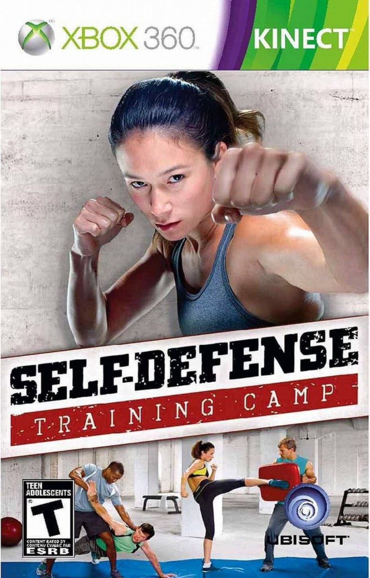 Self Defense Training Camp Xbox 360 video game featuring motion based fitness gameplay martial arts techniques workout routines and interactive training experience designed for Kinect motion control system cover art 