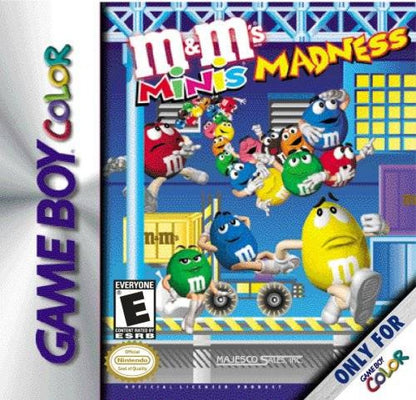 M&M Mini's Madness Game Boy Color GBC puzzle action video game featuring colorful M&M's characters fast-paced challenges maze-style gameplay collectible items obstacles entertaining levels and classic Game Boy Color GBC gaming collectible retro gaming appeal front cover art
