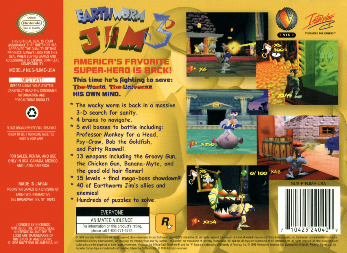 Earthworm Jim 3D back cover art for Nintendo 64 (N64) video game