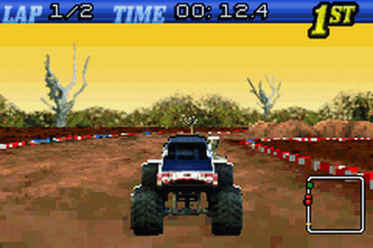 Monster Trucks Game Boy Advance GBA racing video game featuring powerful monster trucks off-road racing high-speed driving challenging tracks vehicle stunts crashes jumps and classic Game Boy Advance GBA gameplay collectible retro gaming appeal gameplay