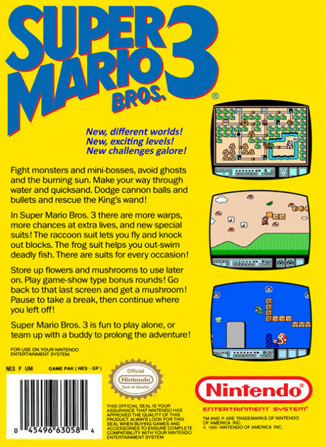 Super Mario Bros. 3 back of box for Nintendo Entertainment System (NES) retro video game