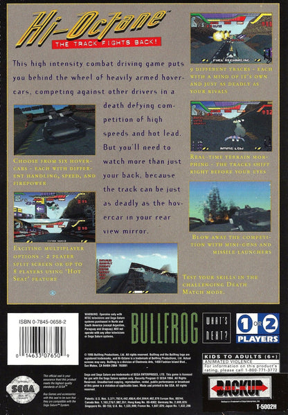 Hi Octane Sega Saturn vehicular combat racing game high speed combat driving vehicles weapons futuristic racing arcade style action EA Electronic Arts retro Saturn game Sega Saturn software video game title back cover