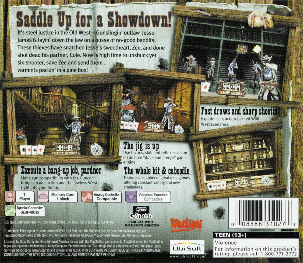 Gunfighter: The Legend of Jesse James retro western action shooter game for PlayStation 1 (PS1) back of case