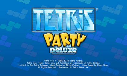 Tetris Party Deluxe for Nintendo Wii, title screen for a puzzle video game with classic block-stacking gameplay, party modes, multiplayer challenges, and family-friendly arcade fun