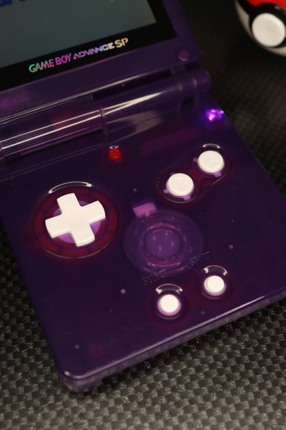 Game Boy Advance SP Custom Gengar Shell Nintendo handheld console with custom Gengar themed shell clamshell design backlit screen rechargeable battery cartridge based portable retro gaming system
