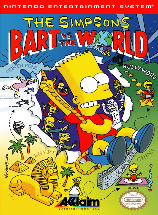 The Simpsons: Bart vs. the World cartridge for the Nintendo Entertainment System featuring Bart Simpson traveling the globe in a colorful 8 bit side scrolling adventure based on the classic animated series cover art