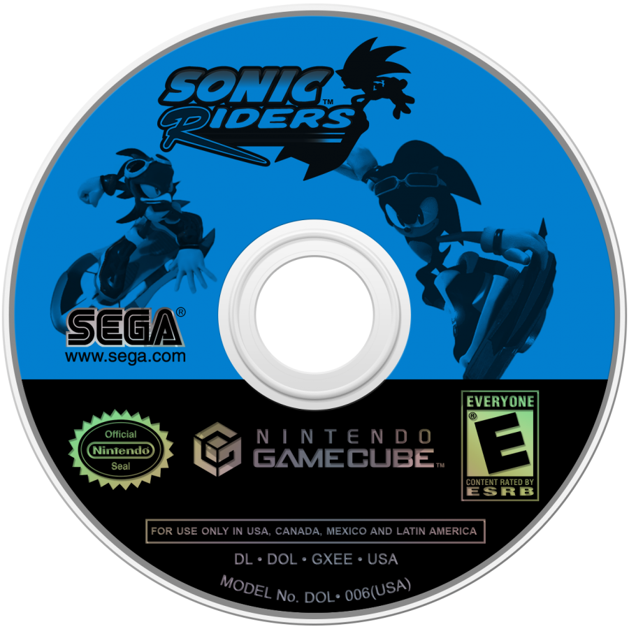 Sonic Riders disc art for GameCube (GC) game featuring high-speed hoverboard racing and arcade-style competition