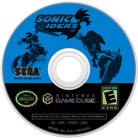 Sonic Riders disc art for GameCube (GC) game featuring high-speed hoverboard racing and arcade-style competition