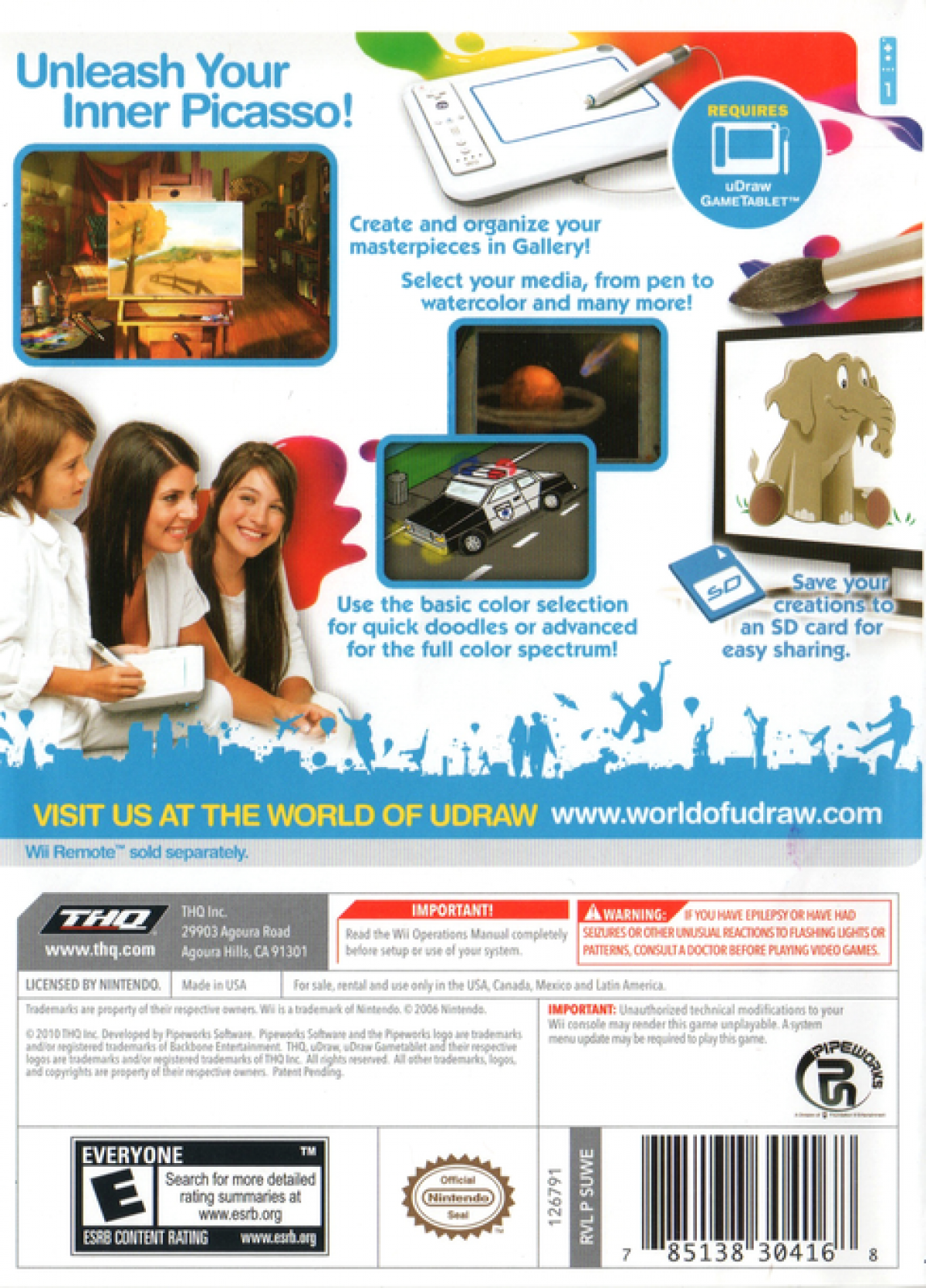 uDraw Studio back cover art for Nintendo Wii (Wii) featuring creative drawing and painting with the uDraw GameTablet, offering tools and artistic effects