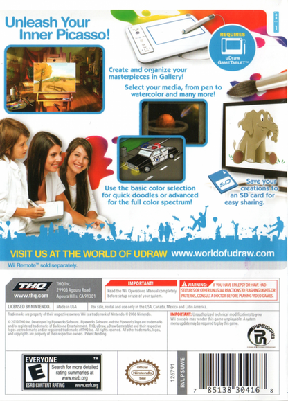 uDraw Studio back cover art for Nintendo Wii (Wii) featuring creative drawing and painting with the uDraw GameTablet, offering tools and artistic effects