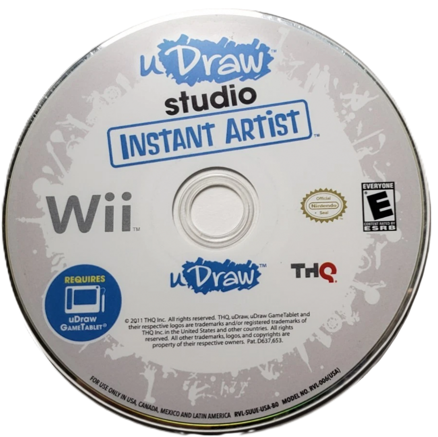 uDraw Studio: Instant Artist disc art for Nintendo Wii (Wii) featuring creative drawing and painting with the uDraw GameTablet, offering tools, colors, and artistic effects