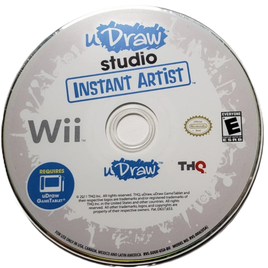 uDraw Studio: Instant Artist disc art for Nintendo Wii (Wii) featuring creative drawing and painting with the uDraw GameTablet, offering tools, colors, and artistic effects