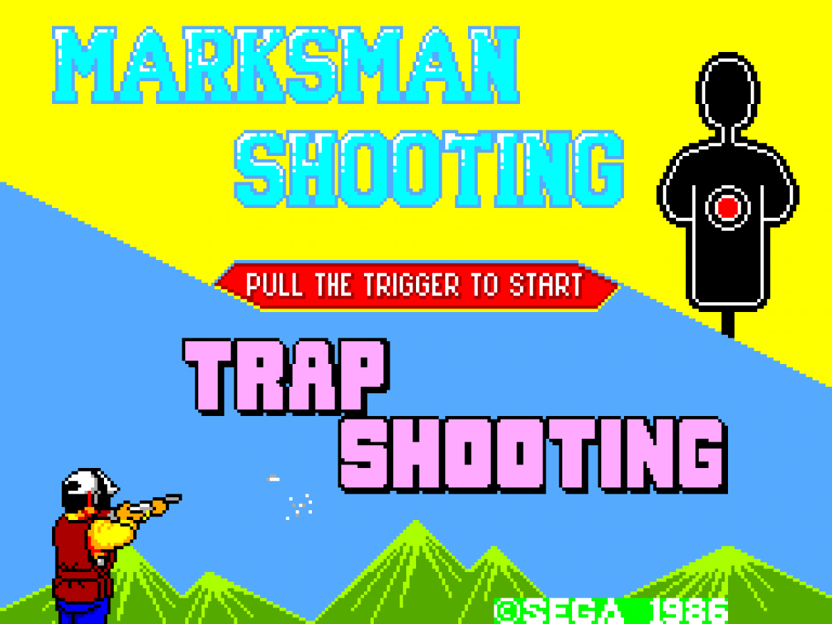 Marksman Shooting and Trap Shooting – Sega Master System (SMS) start screen for light gun shooting video game
