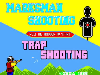 Marksman Shooting and Trap Shooting – Sega Master System (SMS) start screen for light gun shooting video game