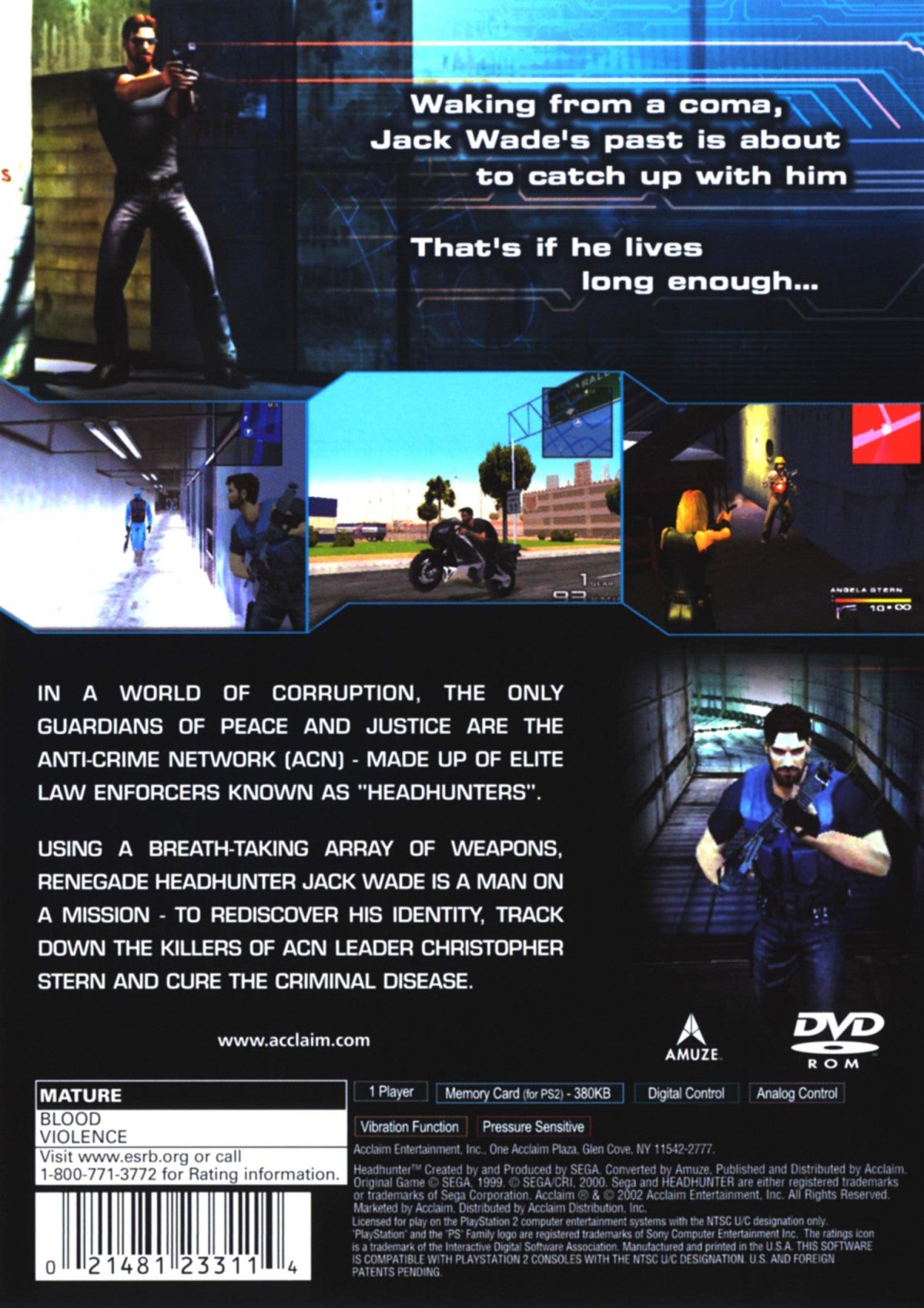 Headhunter back cover art for Playstation 2 video game