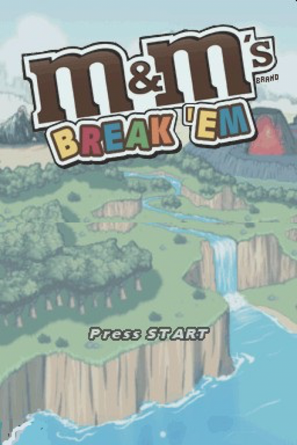 M&M’s Break’Em Nintendo DS video game, puzzle action gameplay, candy-themed adventure, family-friendly handheld console title main menu title screen