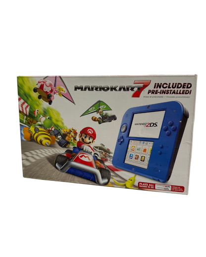 Nintendo 2DS Mario Kart 7 Bundle Electric Blue console featuring built-in Mario Kart 7 game, durable wedge design, and portable handheld gaming fun front box cover