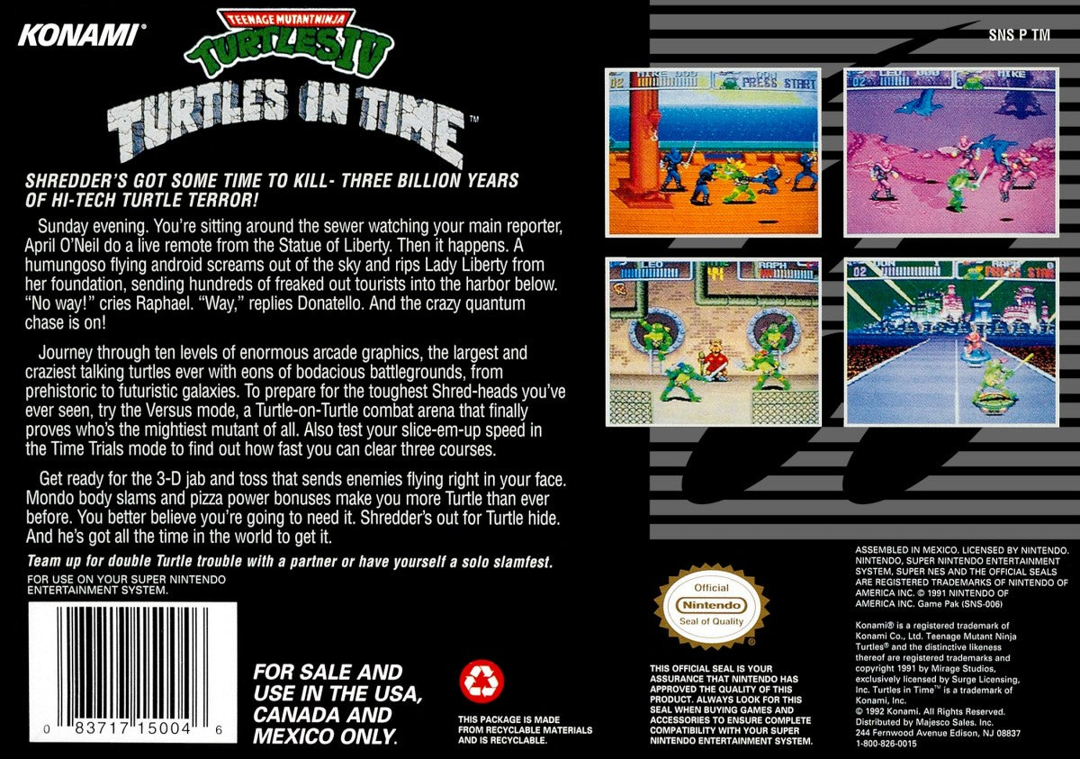 Retro Turtles in Time SNES inspired design featuring classic Teenage Mutant Ninja Turtles beat em up aesthetic side scrolling arcade action time traveling adventure pixel art combat iconic Konami gameplay nostalgic Super Nintendo presentation rear art 