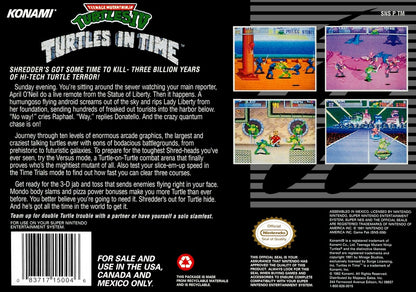 Retro Turtles in Time SNES inspired design featuring classic Teenage Mutant Ninja Turtles beat em up aesthetic side scrolling arcade action time traveling adventure pixel art combat iconic Konami gameplay nostalgic Super Nintendo presentation rear art 