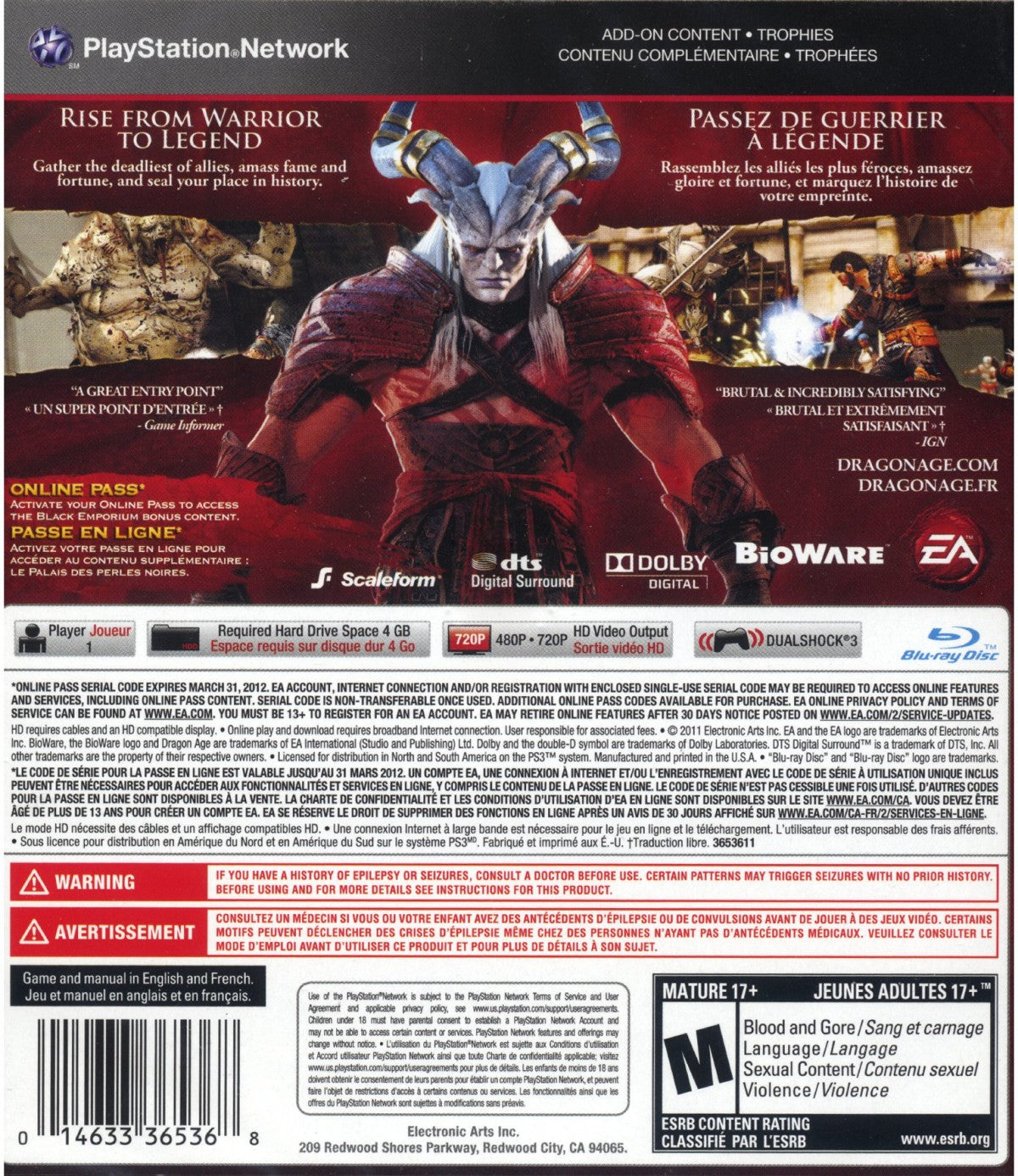 Dragon Age II PlayStation 3 PS3 video game featuring action role playing gameplay Hawke character fantasy adventure party combat character customization quests dialogue choices exploration tactical battles and classic PlayStation 3 gameplay retro video game collection collectible gaming appeal back cover art