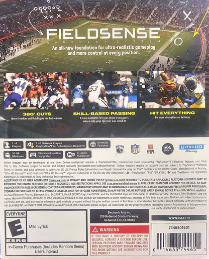 Madden NFL 23 PlayStation 5 PS5 video game featuring American football simulation gameplay NFL teams and players realistic football action passing rushing tackling defensive plays franchise mode competitive multiplayer and classic PlayStation 5 sports gaming retro video game collection collectible gaming appeal back cover art