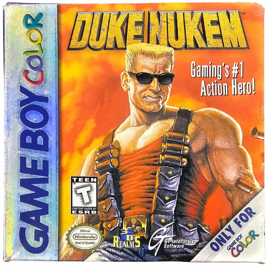 Duke Nukem Game Boy Color GBC video game Complete In Box CIB featuring action platforming gameplay Duke Nukem character enemy battles weapon action alien encounters challenging levels and classic handheld gaming retro video game collection collectible gaming appeal front cover art