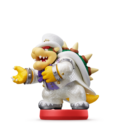 Bowser Amiibo Wedding Outfit Super Mario Odyssey series loose authentic Nintendo NFC figure white tuxedo top hat bouquet scanning unlocks costume in game 