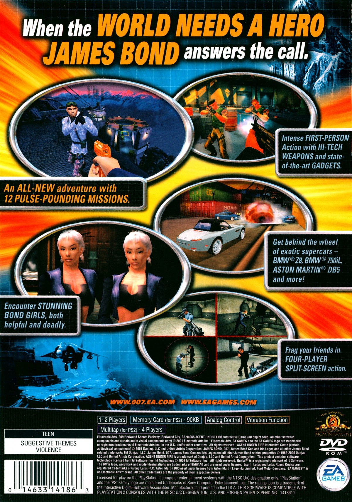 007 Agent Under Fire PS2 inspired design featuring James Bond espionage action aesthetic secret agent missions stealth operations high tech gadgets intense firefights exotic locations cinematic spy adventure gameplay nostalgic PlayStation 2 presentation back cover