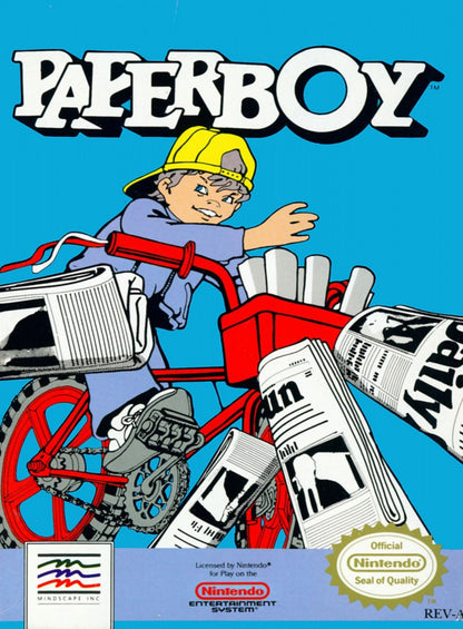 Paperboy cartridge for the Nintendo Entertainment System featuring 8 bit arcade action with newspaper delivery gameplay obstacle filled suburban streets and fast paced bike riding challenges front cover