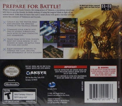 Hero's Saga Laevatein Tactics cartridge for the Nintendo DS featuring tactical turn based RPG gameplay with grid based battles character customization and strategic missions in a fantasy adventure setting back cover