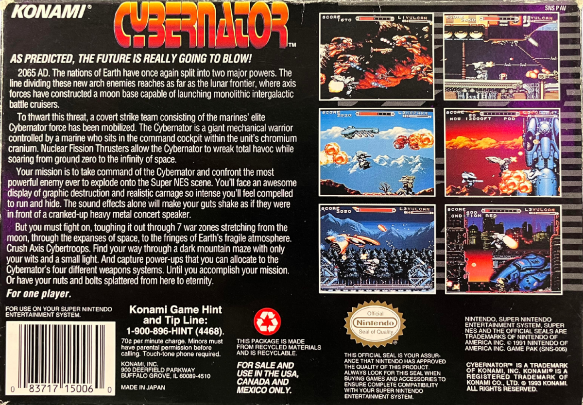 Cybernator Super Nintendo SNES side scrolling shooter mech action run and gun futuristic warfare robot combat platform shooting Konami classic retro 16 bit gaming Super Nintendo Entertainment System software video game title back art 