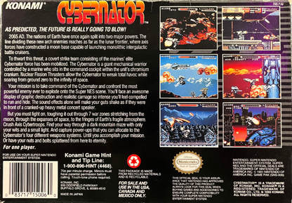 Cybernator Super Nintendo SNES side scrolling shooter mech action run and gun futuristic warfare robot combat platform shooting Konami classic retro 16 bit gaming Super Nintendo Entertainment System software video game title back art 