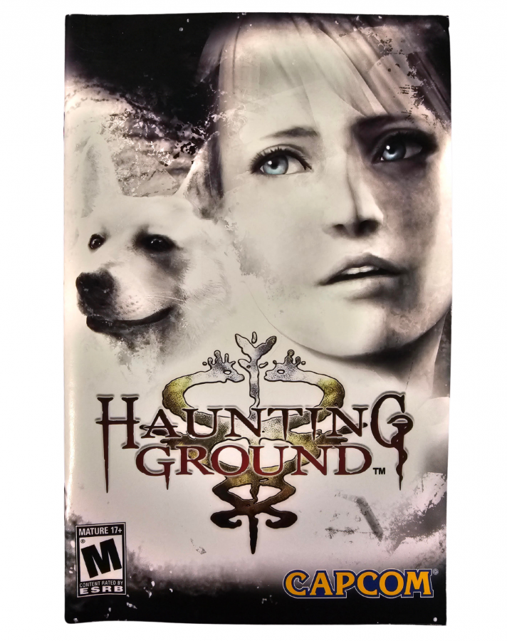 Haunting Ground PlayStation 2 PS2 survival horror video game featuring Fiona Belli exploration of a mysterious castle stealth gameplay puzzle solving terrifying enemies survival mechanics companion dog Hewie atmospheric environments and classic PlayStation 2 PS2 gameplay collectible retro gaming appeal front art manual 