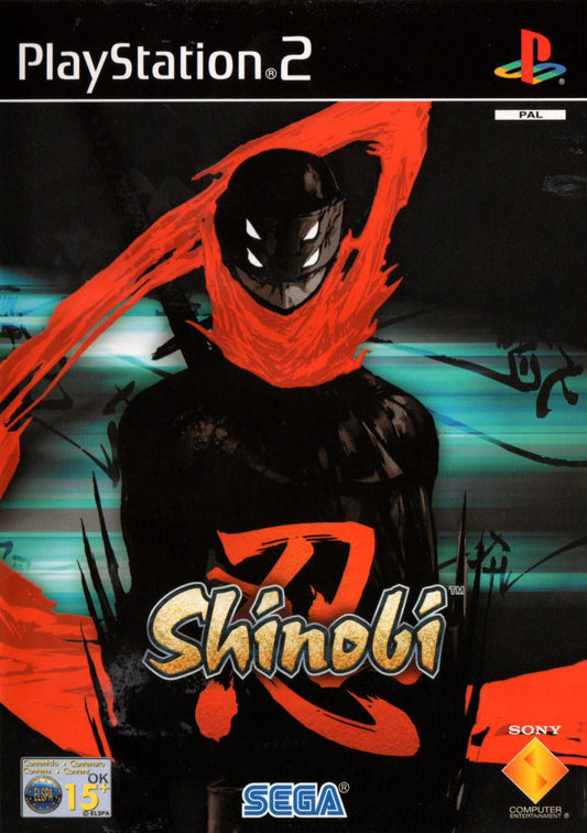 Shinobi [PAL Import] for PlayStation 2 (PS2) at Gamers INC, featuring the stylish and challenging revival of the legendary ninja franchise where you play as Hotsuma, master of the Oboro clan, wielding the soul-devouring blade Akujiki; utilize the lethal "Tate" system to chain rapid-fire kills and navigate a demon-infested Tokyo in this high-speed action classic, now available as a collectible European PAL region import front cover