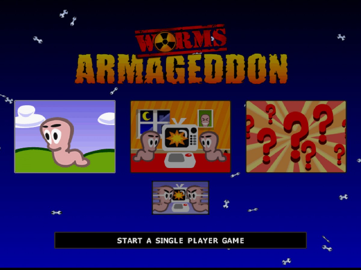 Worms Armageddon for PlayStation 1, title screen for a turn-based strategy video game with artillery combat, cartoon warfare, multiplayer battles, and classic tactical gameplay