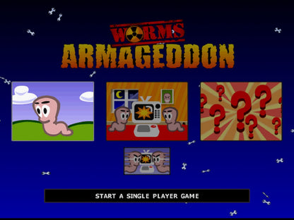Worms Armageddon for PlayStation 1, title screen for a turn-based strategy video game with artillery combat, cartoon warfare, multiplayer battles, and classic tactical gameplay